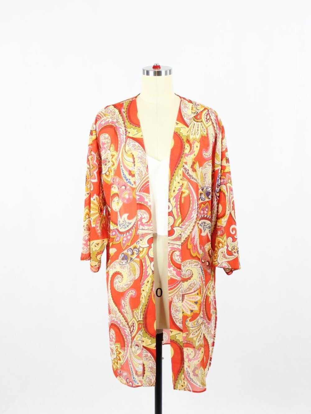 LAURA Red Yellow Paisley Print Chiffon Kimono Cover-Up, Size S